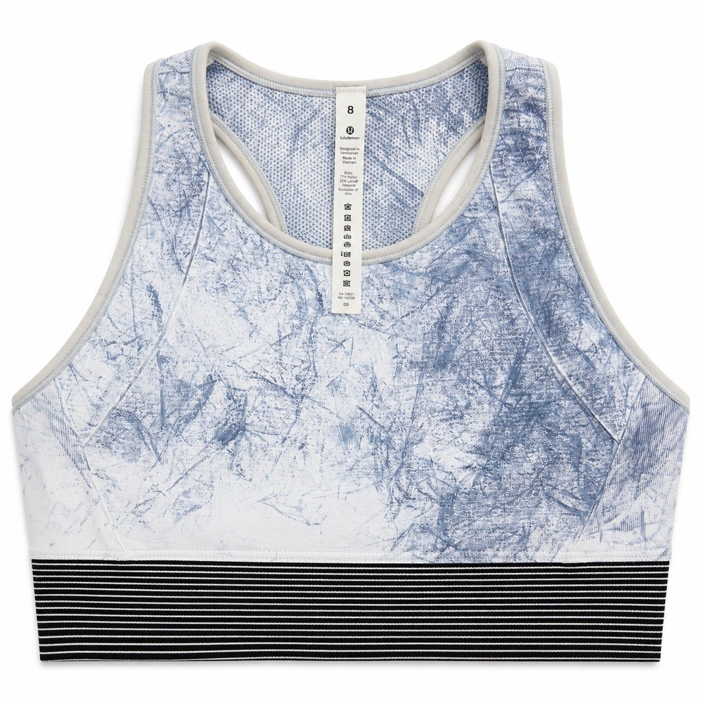 Lululemon High Neck Long Line Sports Bra Blue Abstract Print Size 8